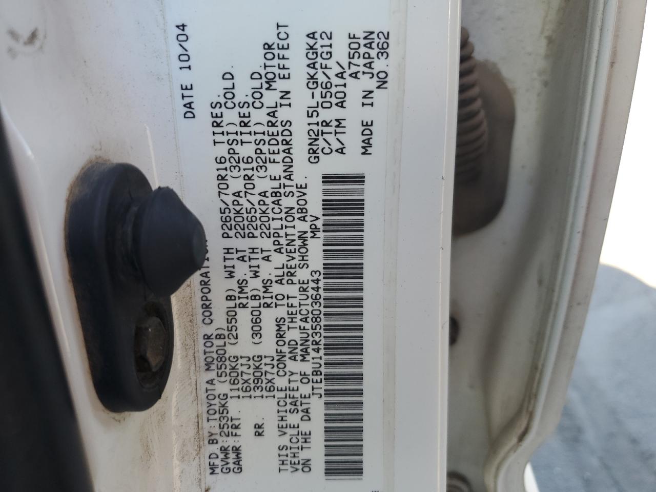 2005 Toyota 4Runner Sr5 VIN: JTEBU14R358036443 Lot: 61609595