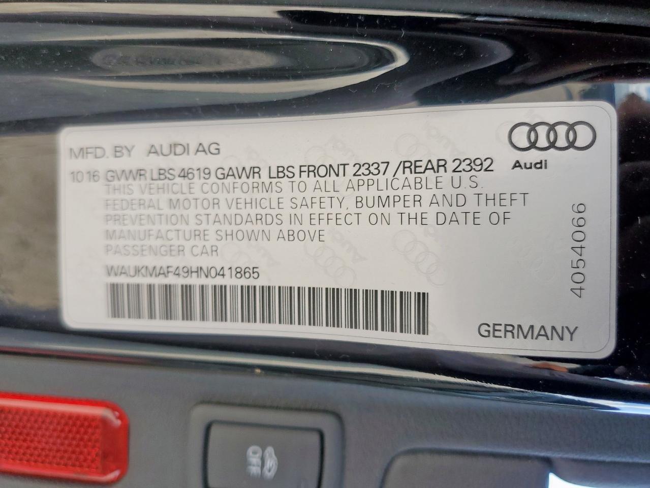 2017 Audi A4 Ultra Premium VIN: WAUKMAF49HN041865 Lot: 60489365