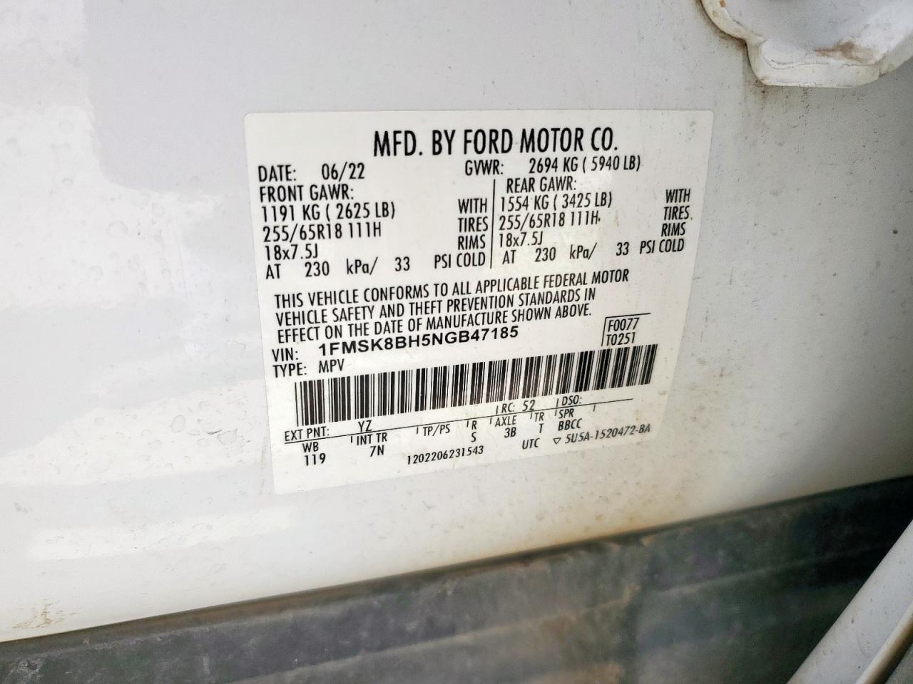 2022 Ford Explorer VIN: 1FMSK8BH5NGB47185 Lot: 62502415