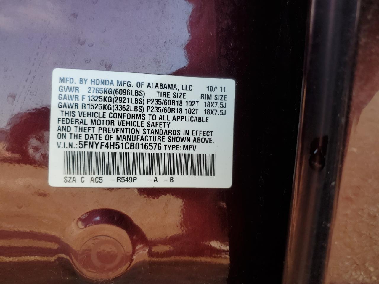 2012 Honda Pilot Exl VIN: 5FNYF4H51CB016576 Lot: 61473835