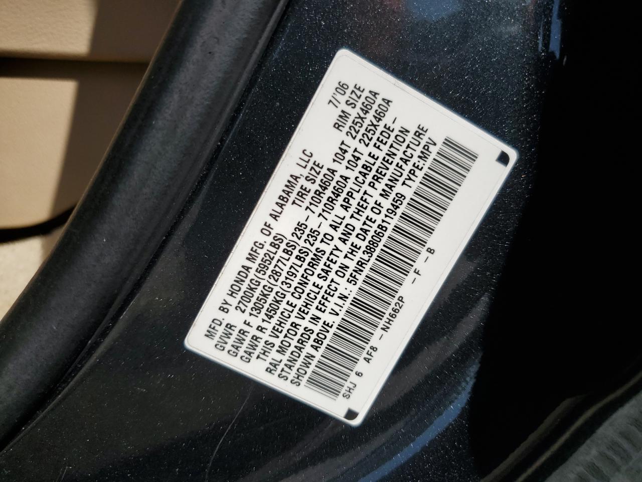 2006 Honda Odyssey Touring VIN: 5FNRL38806B119459 Lot: 61145065