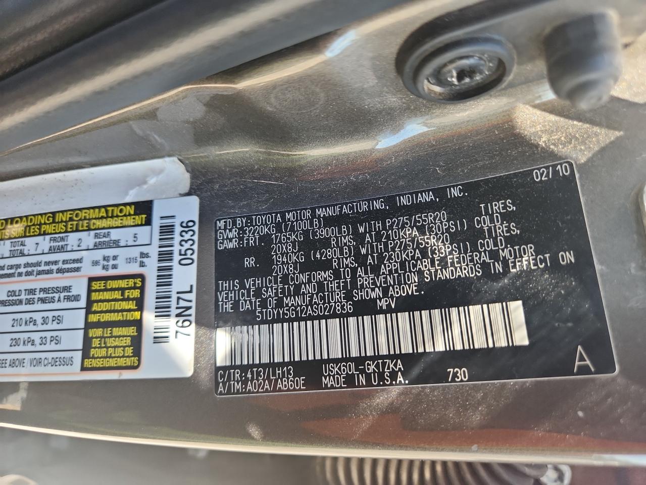 2010 Toyota Sequoia Platinum VIN: 5TDYY5G12AS027836 Lot: 62352885