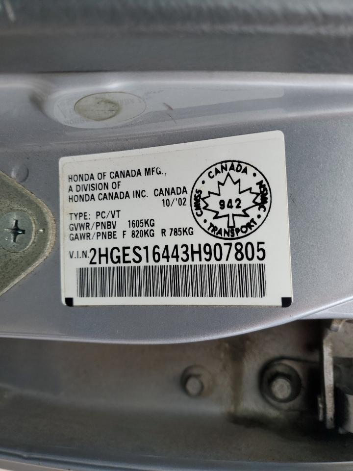 2003 Honda Civic Dx VIN: 2HGES16443H907805 Lot: 61898835