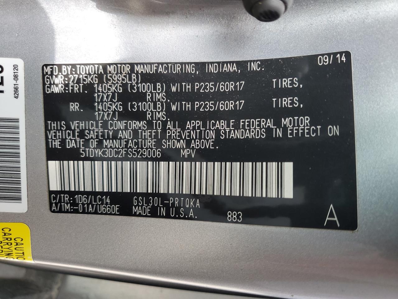 2015 Toyota Sienna Xle VIN: 5TDYK3DC2FS529006 Lot: 62750995