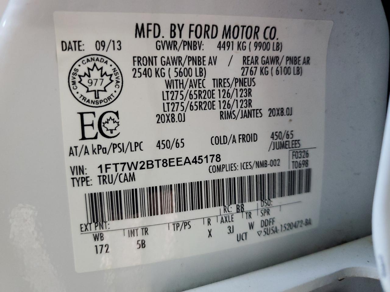 2014 Ford F250 Super Duty VIN: 1FT7W2BT8EEA45178 Lot: 60676845
