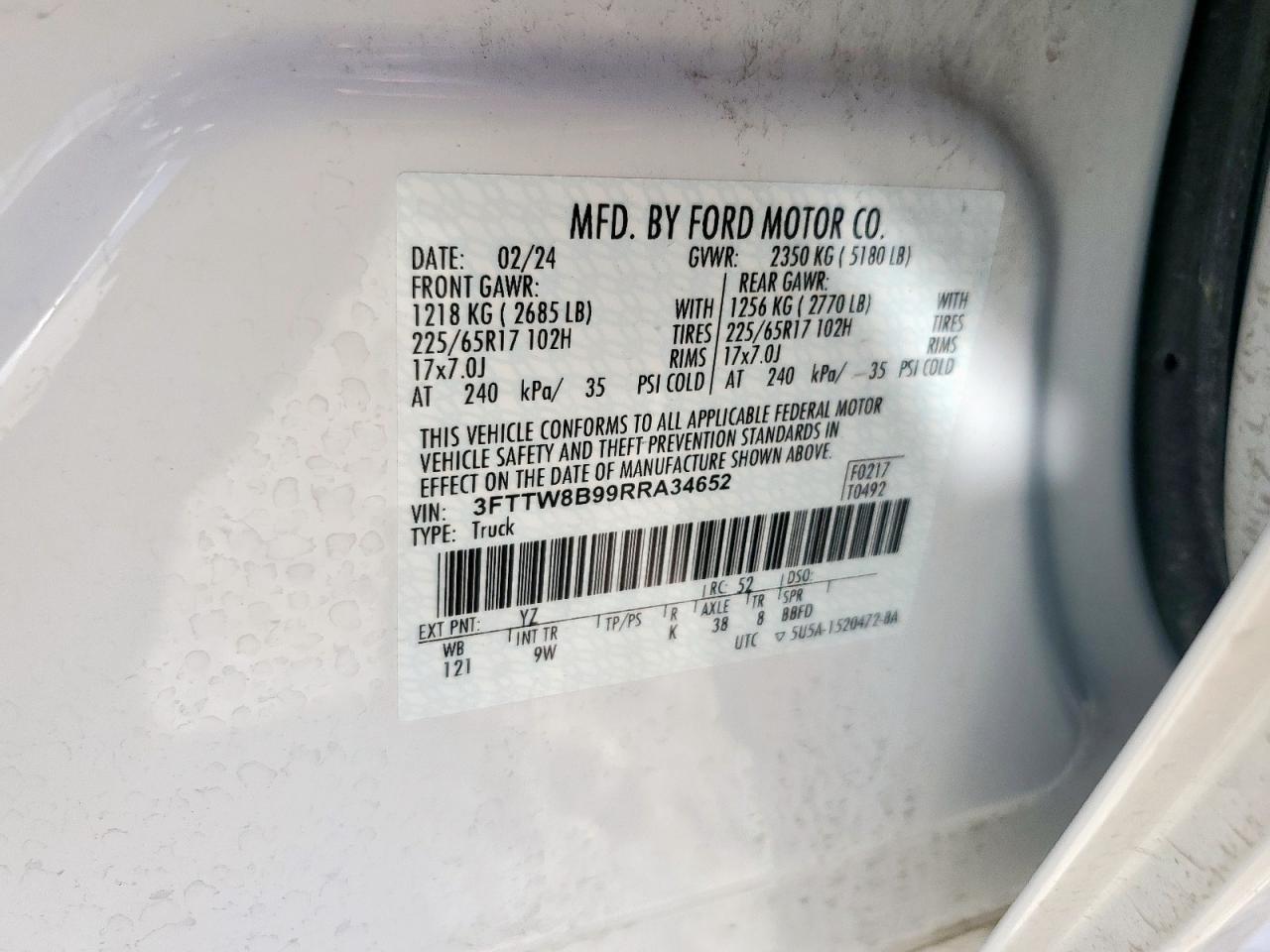 2024 Ford Maverick Xl VIN: 3FTTW8B99RRA34652 Lot: 63022555