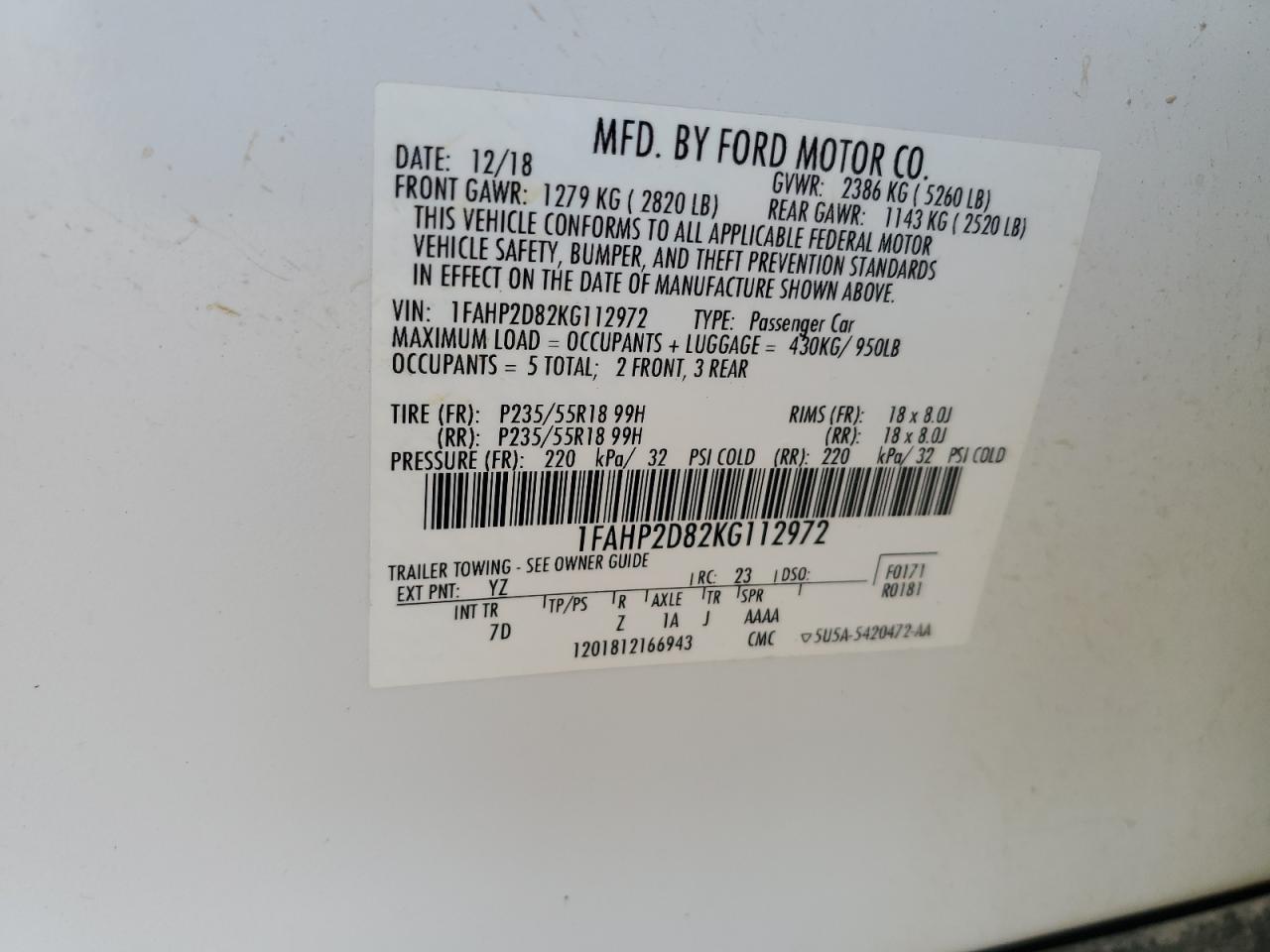 FORD TAURUS 2019 VIN 1FAHP2D82KG112972 zdjęcie 9