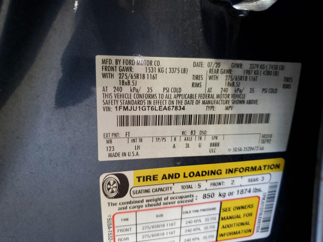2020 Ford Expedition Xl VIN: 1FMJU1GT6LEA67834 Lot: 62367795