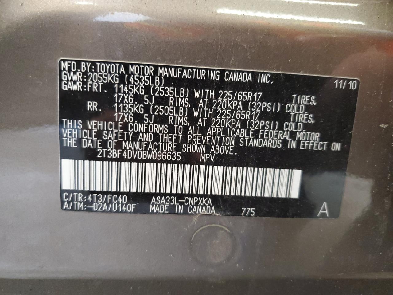 2011 Toyota Rav4 VIN: 2T3BF4DV0BW096635 Lot: 62917065