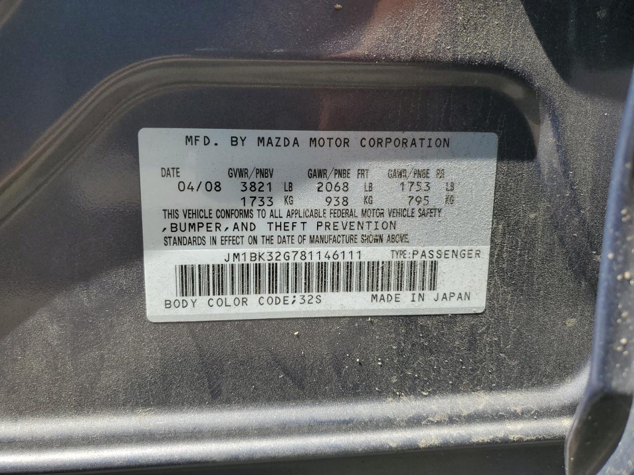 MAZDA 3 2008 VIN JM1BK32G781146111 photo 12