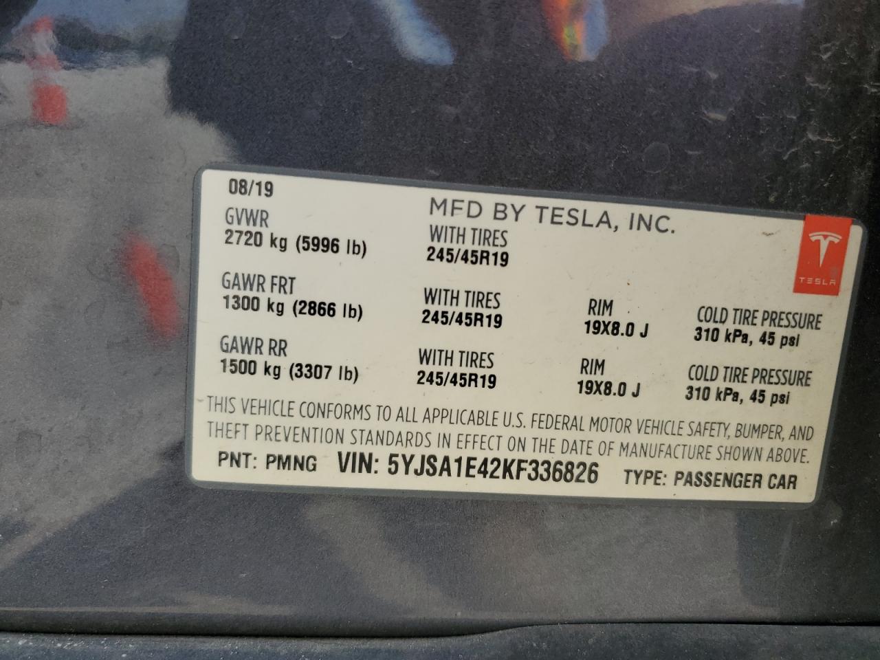 2019 Tesla Model S VIN: 5YJSA1E42KF336826 Lot: 61826685