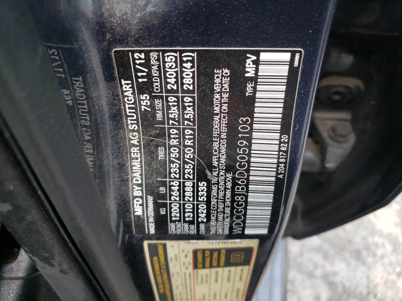 2013 Mercedes-Benz Glk 350 4Matic VIN: WDCGG8JB6DG059103 Lot: 60394185
