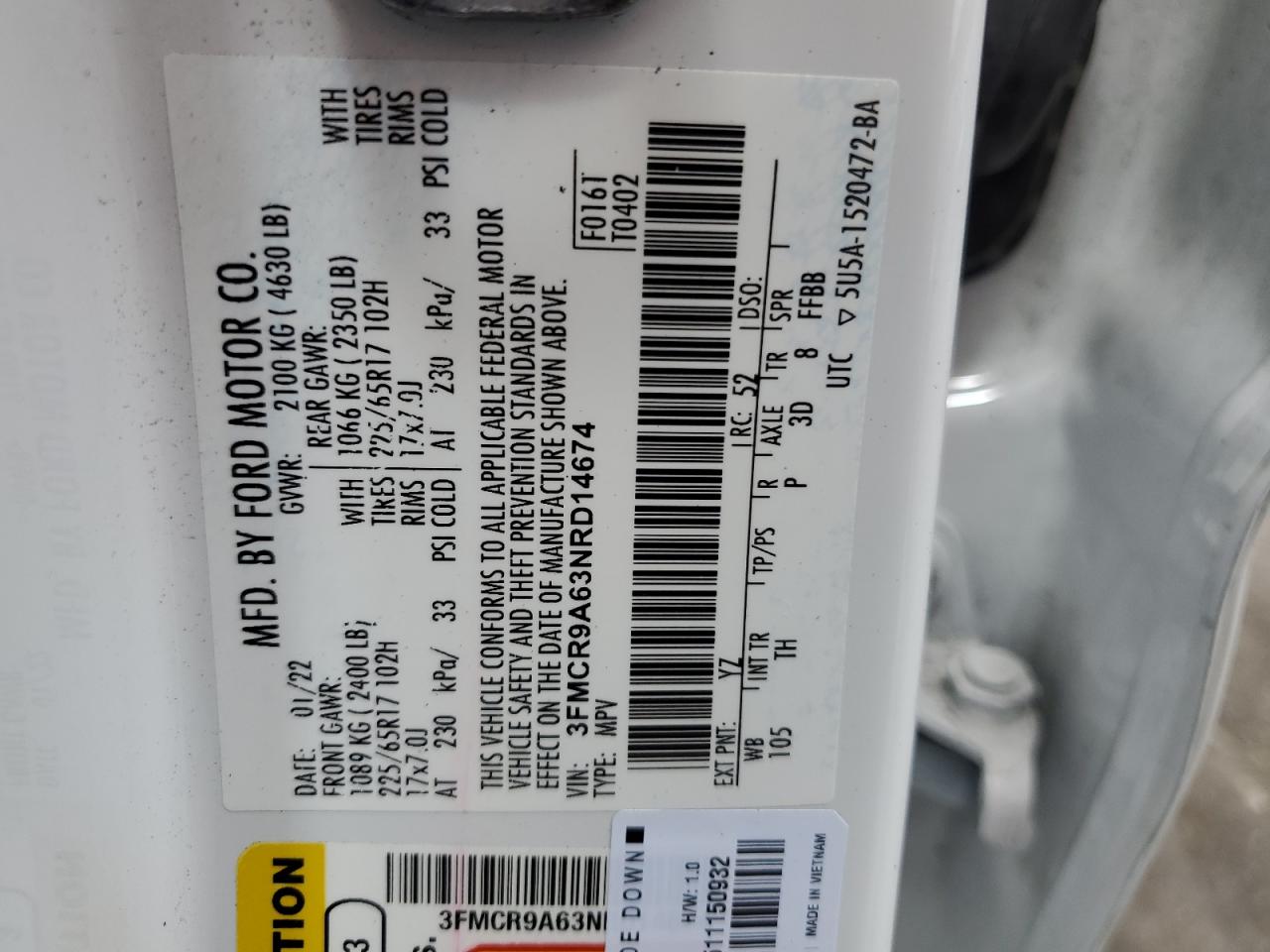 2022 Ford Bronco Sport VIN: 3FMCR9A63NRD14674 Lot: 62665775