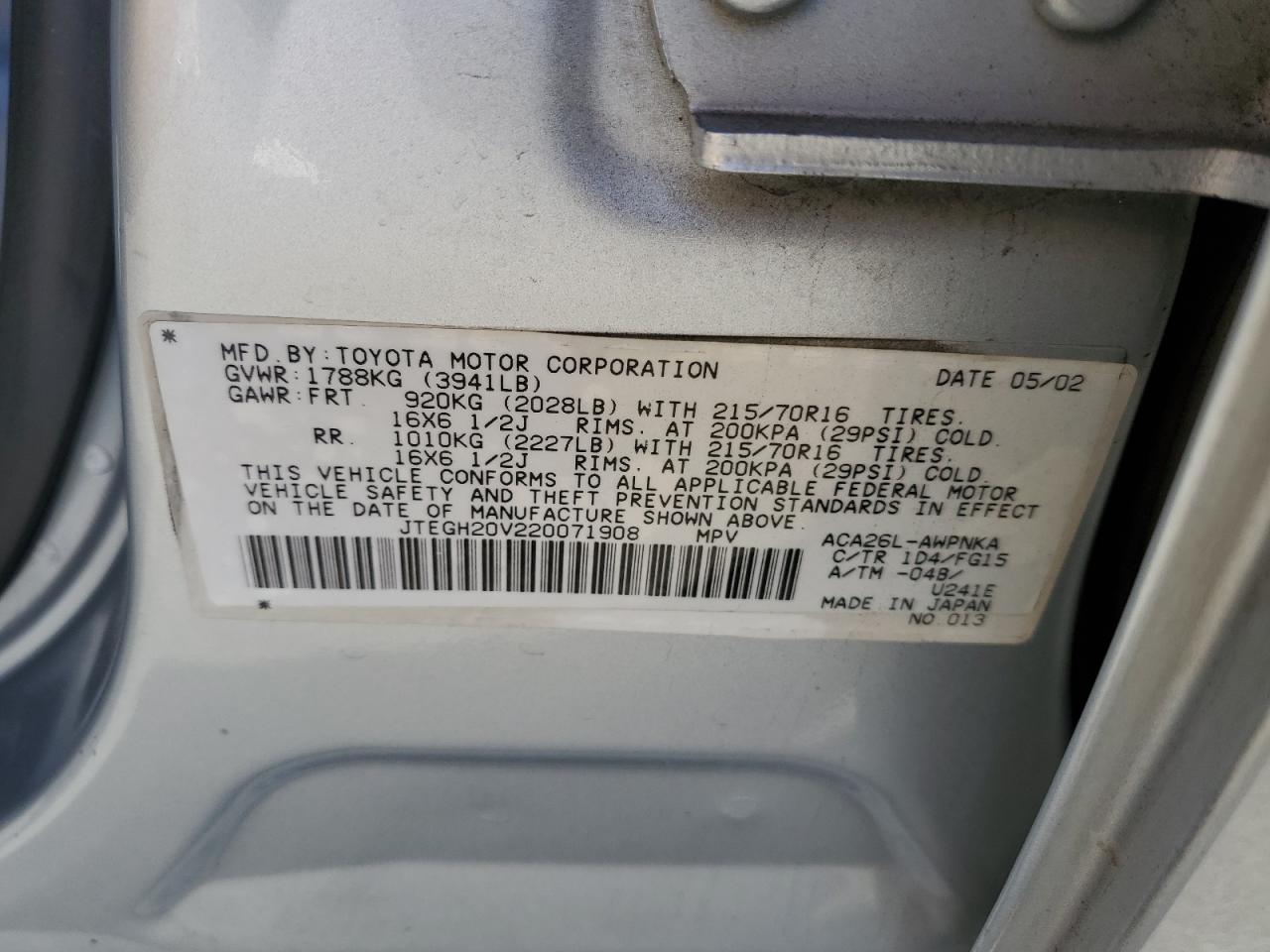 2002 Toyota Rav4 VIN: JTEGH20V220071908 Lot: 62267355
