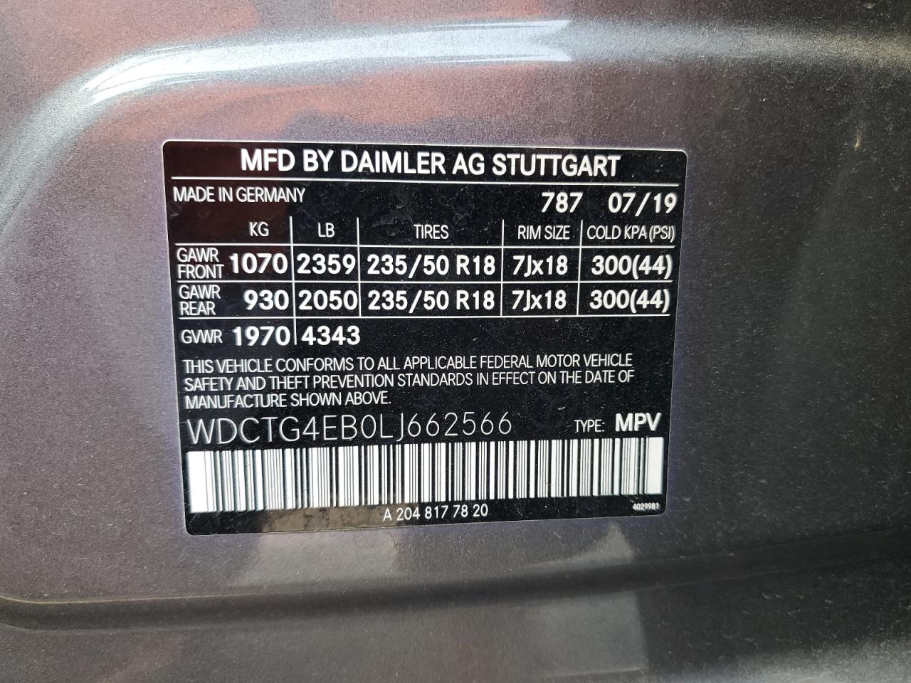 2020 Mercedes-Benz Gla 250 VIN: WDCTG4EB0LJ662566 Lot: 62610605