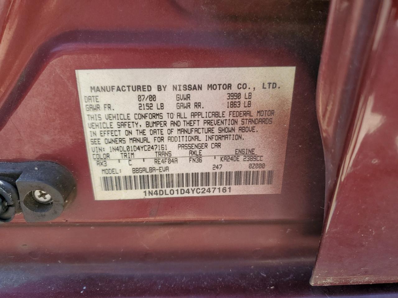 2000 Nissan Altima Xe VIN: 1N4DL01D4YC247161 Lot: 61966685