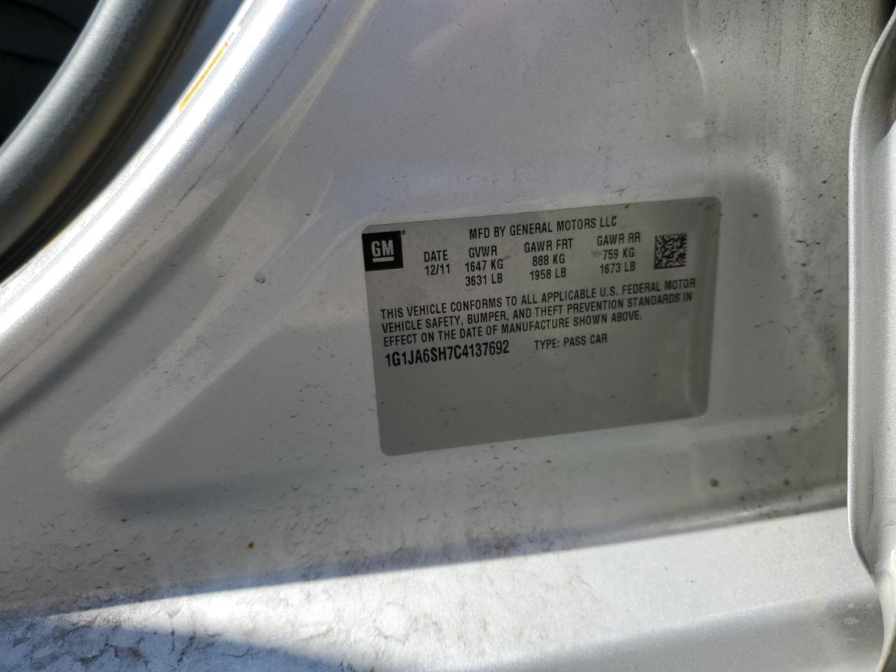 2012 Chevrolet Sonic Ls VIN: 1G1JA6SH7C4137692 Lot: 61487475