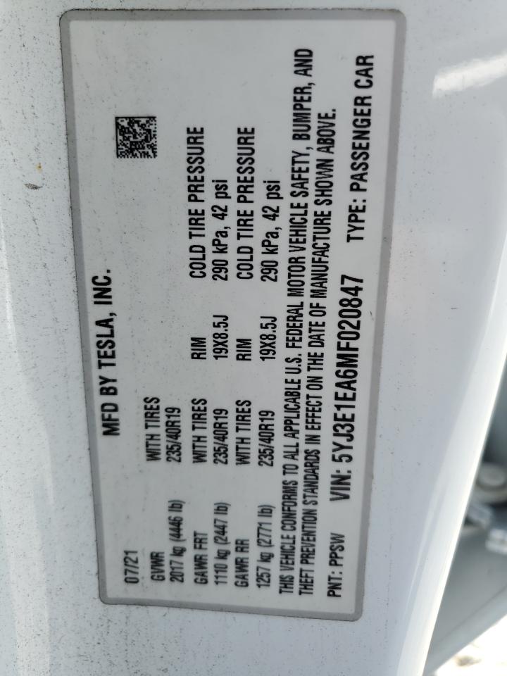 2021 Tesla Model 3 VIN: 5YJ3E1EA6MF020847 Lot: 61570125