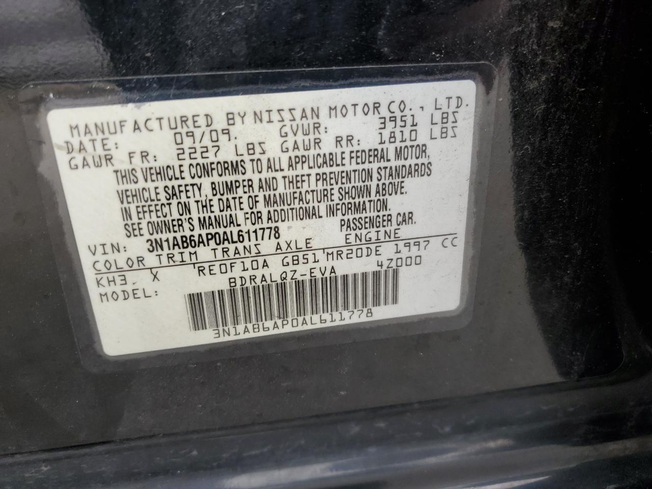 2010 Nissan Sentra 2.0 VIN: 3N1AB6AP0AL611778 Lot: 60954275