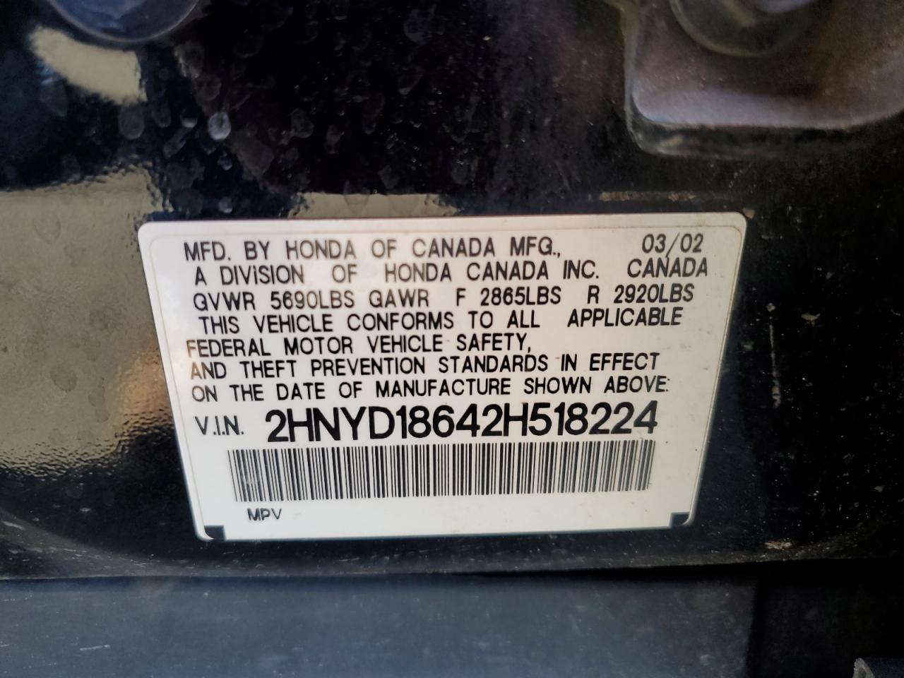 2002 Acura Mdx Touring VIN: 2HNYD18642H518224 Lot: 59372635