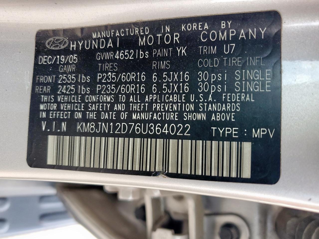 2006 Hyundai Tucson Gls VIN: KM8JN12D76U364022 Lot: 61976805