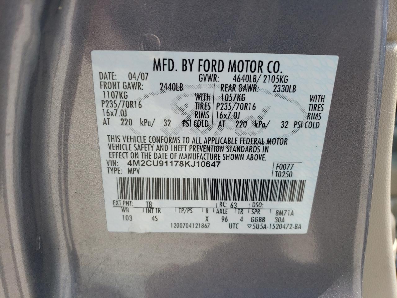 2008 Mercury Mariner VIN: 4M2CU91178KJ10647 Lot: 58846615