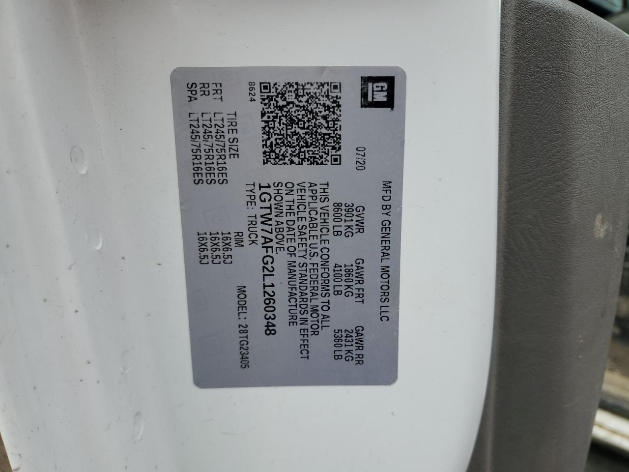 2020 GMC Savana G2500 VIN: 1GTW7AFG2L1260348 Lot: 61133725