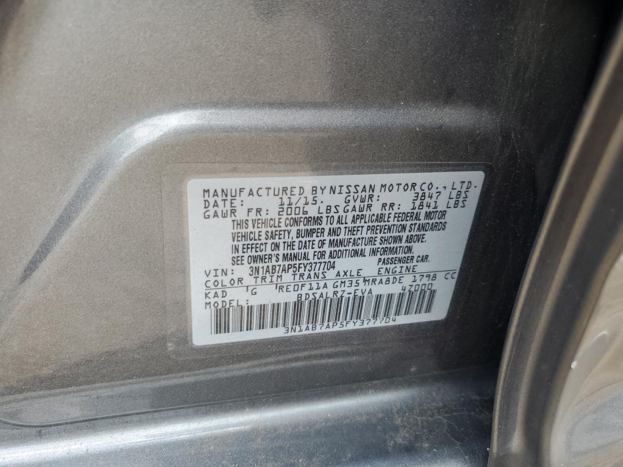 2015 Nissan Sentra S VIN: 3N1AB7AP5FY377704 Lot: 62161805