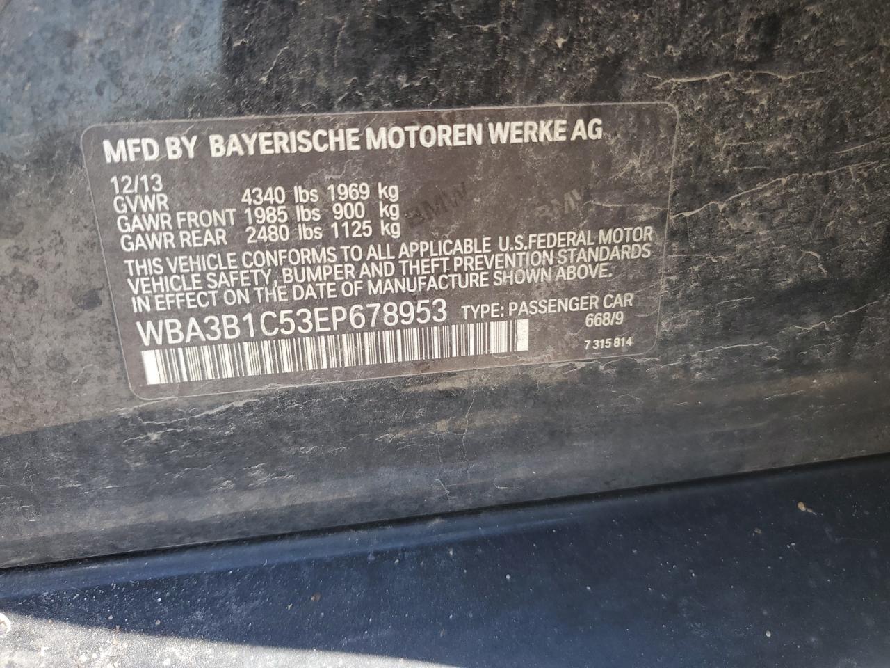 2014 BMW 320 I VIN: WBA3B1C53EP678953 Lot: 61610665