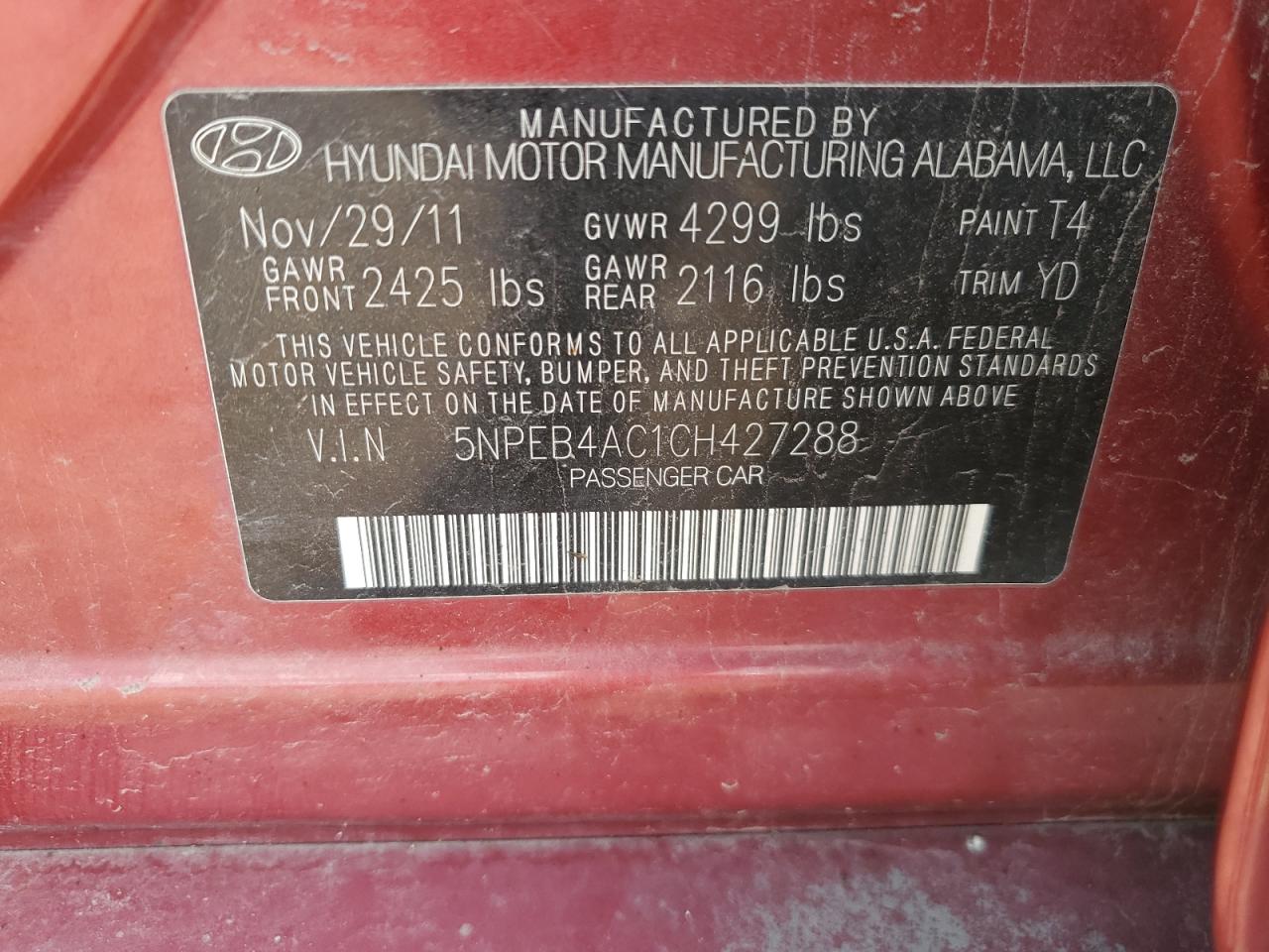 2012 Hyundai Sonata Gls VIN: 5NPEB4AC1CH427288 Lot: 62653785