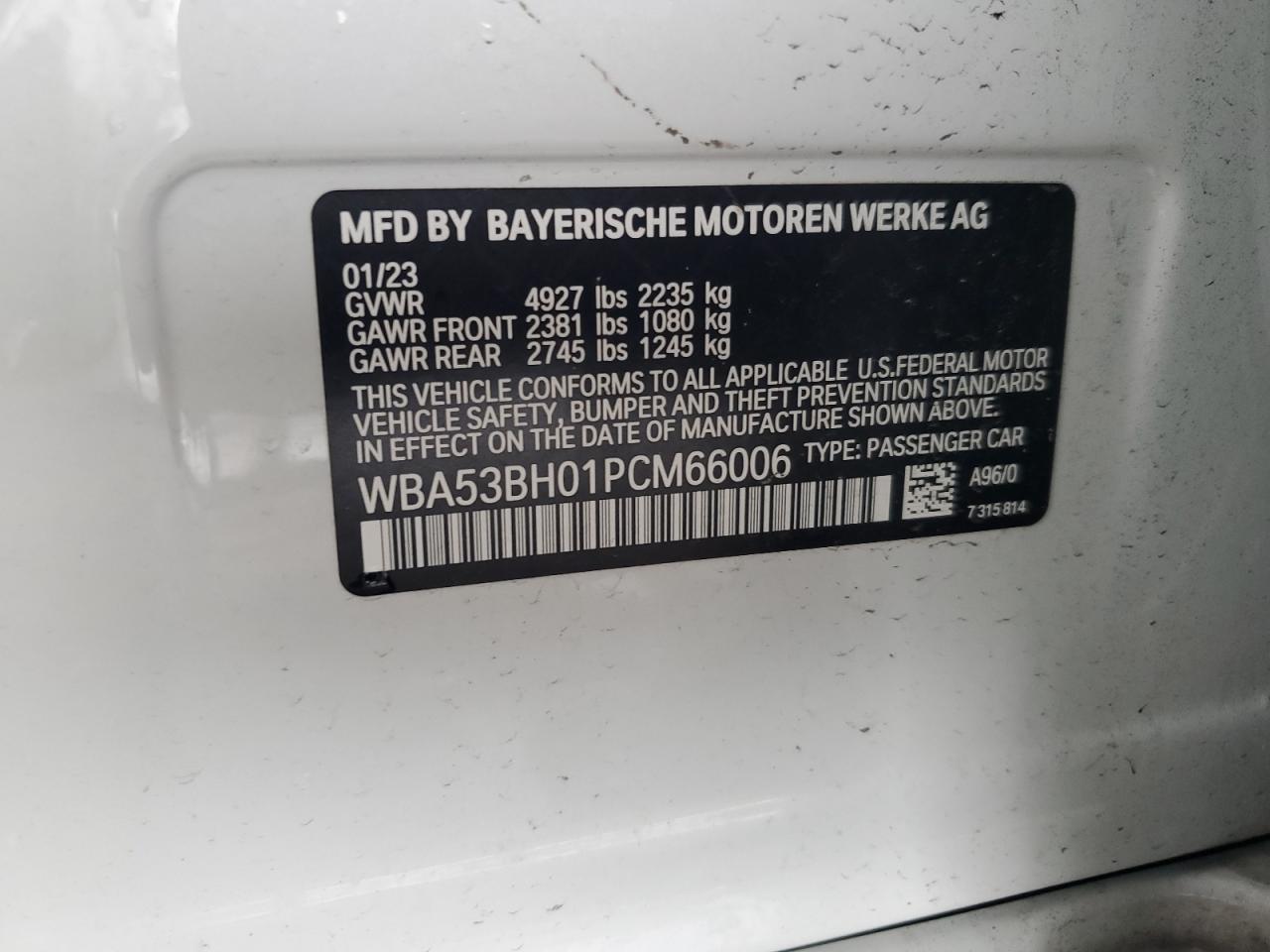 2023 BMW 530 I VIN: WBA53BH01PCM66006 Lot: 59509245