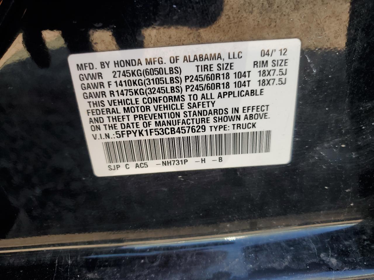 2012 Honda Ridgeline Rtl VIN: 5FPYK1F53CB457629 Lot: 62525375