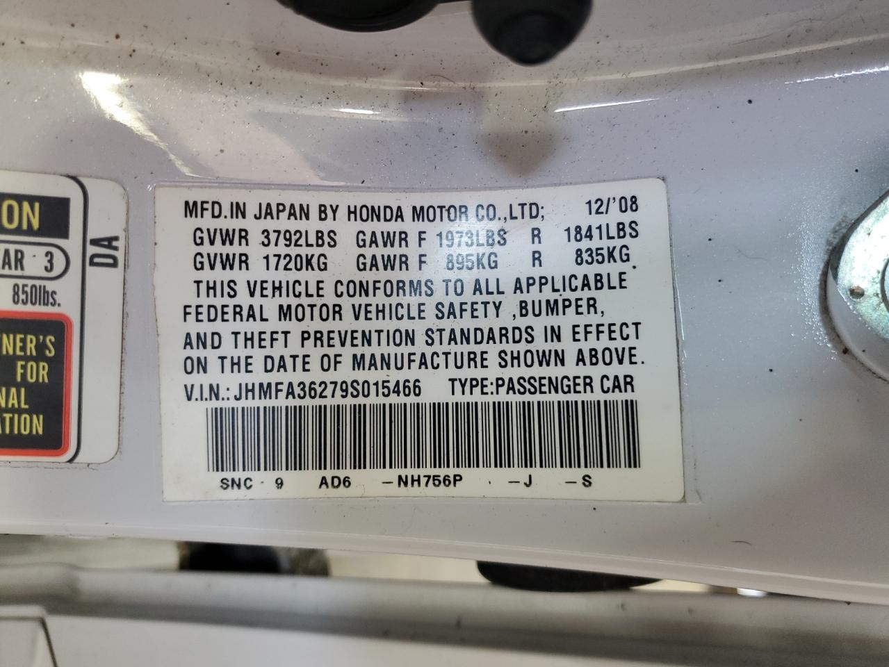 2009 Honda Civic Hybrid VIN: JHMFA36279S015466 Lot: 62880785