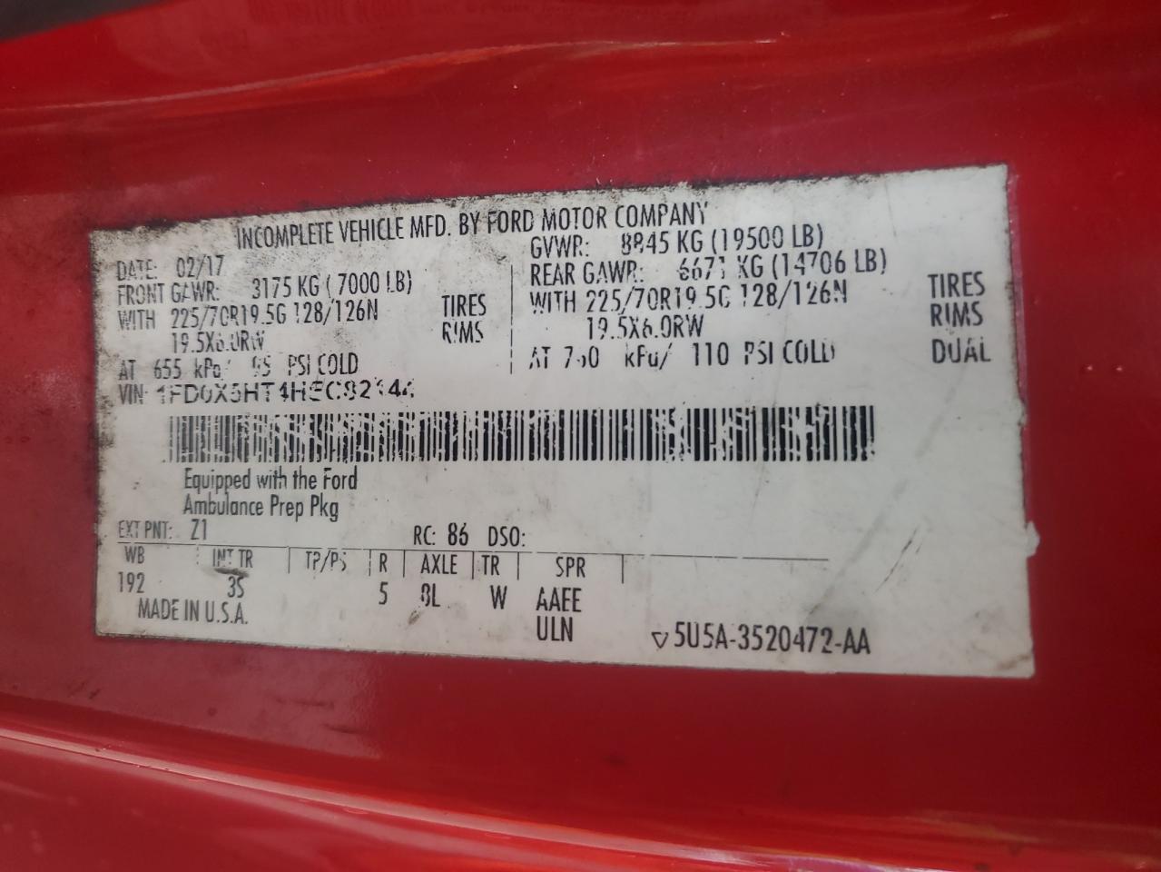 2017 Ford F550 Super Duty VIN: 1FD0X5HT4HEC82144 Lot: 64115795
