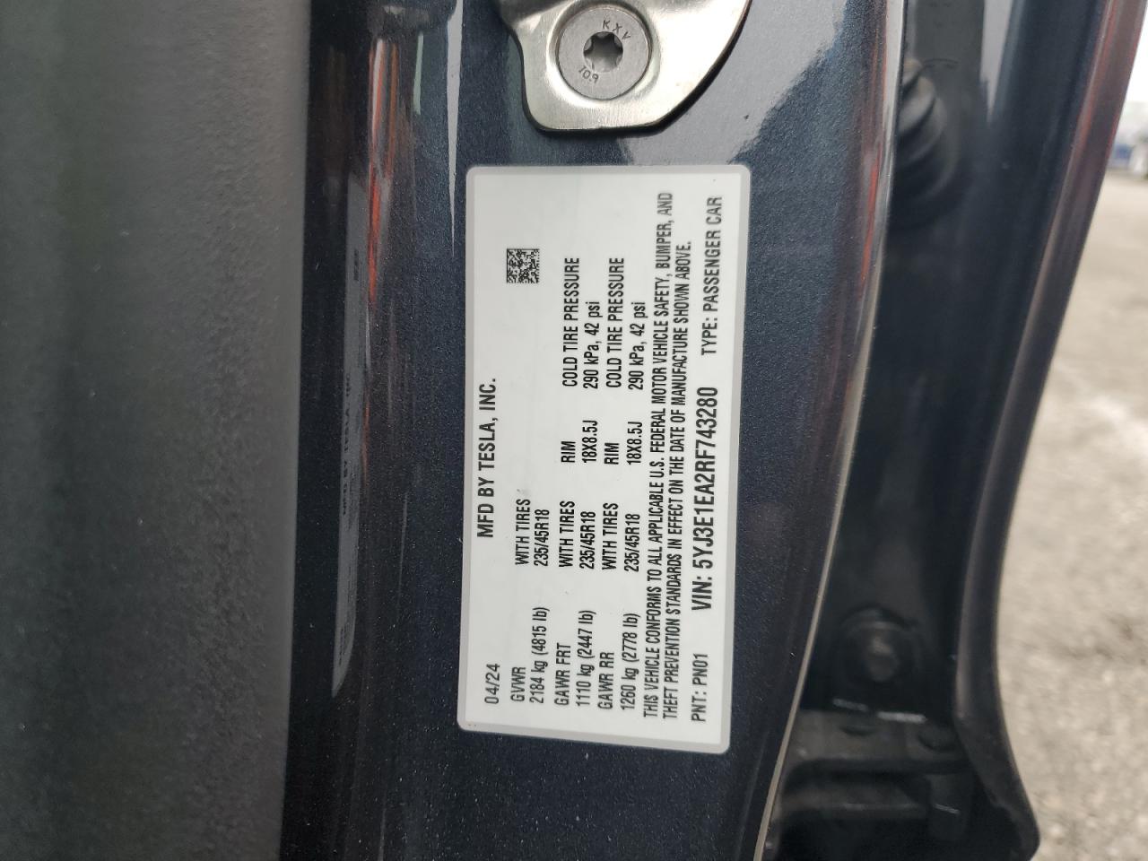2024 Tesla Model 3 VIN: 5YJ3E1EA2RF743280 Lot: 59902525
