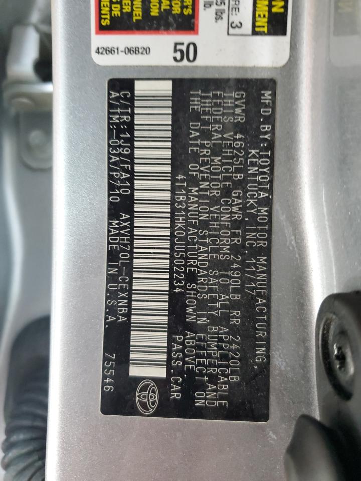 2018 Toyota Camry Le VIN: 4T1B31HK0JU502234 Lot: 61284975