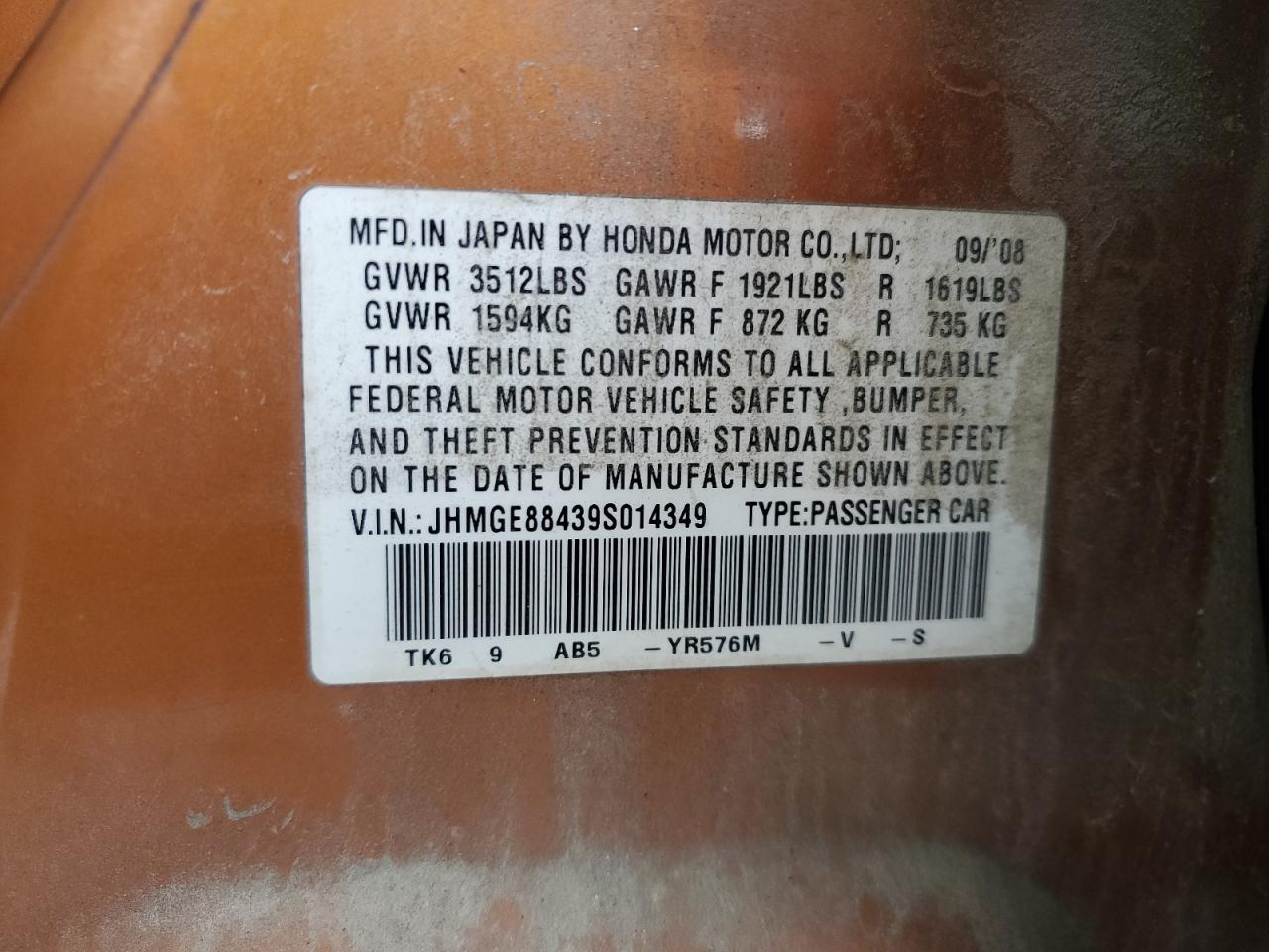 2009 Honda Fit Sport VIN: JHMGE88439S014349 Lot: 60024055