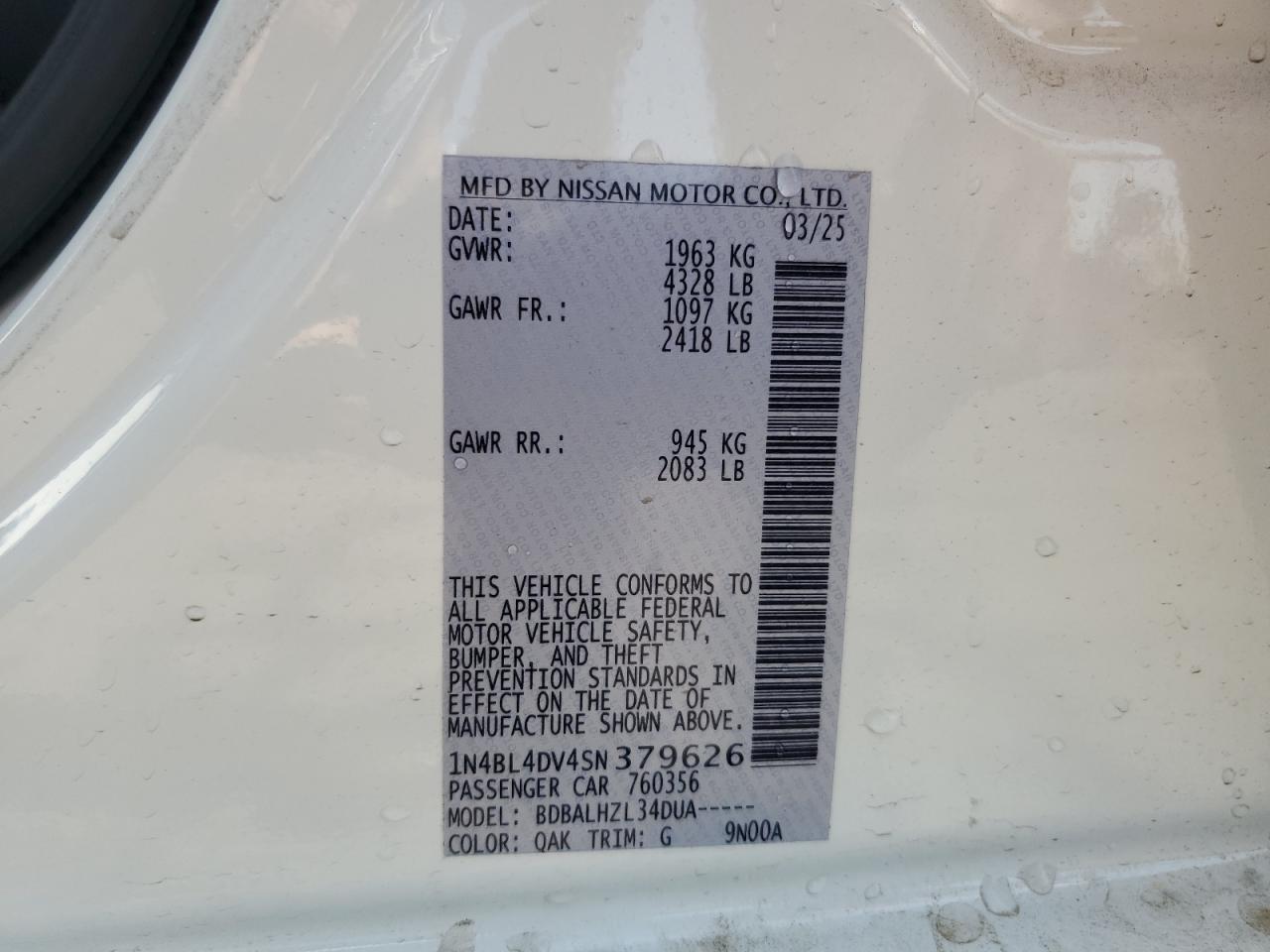 2025 Nissan Altima Sv VIN: 1N4BL4DV4SN379626 Lot: 62765555