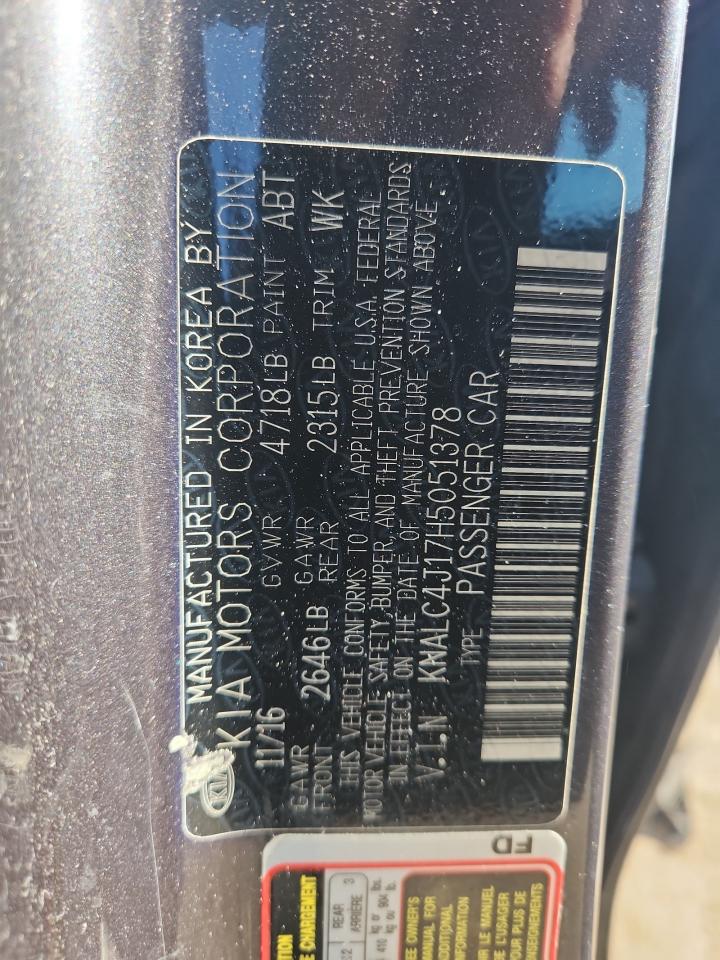 2017 Kia Cadenza Premium VIN: KNALC4J17H5051378 Lot: 61908115