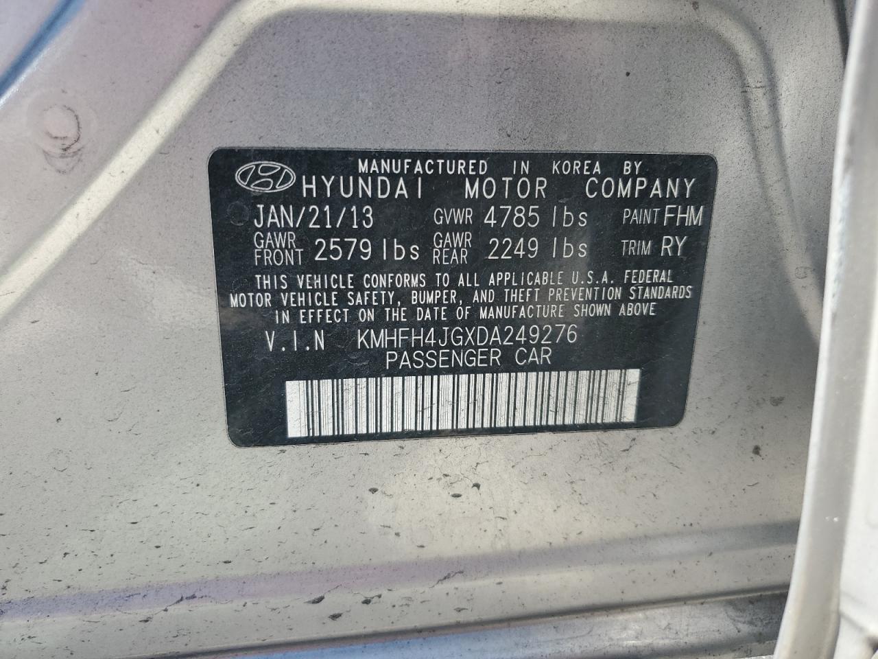 2013 Hyundai Azera Gls VIN: KMHFH4JGXDA249276 Lot: 61036335