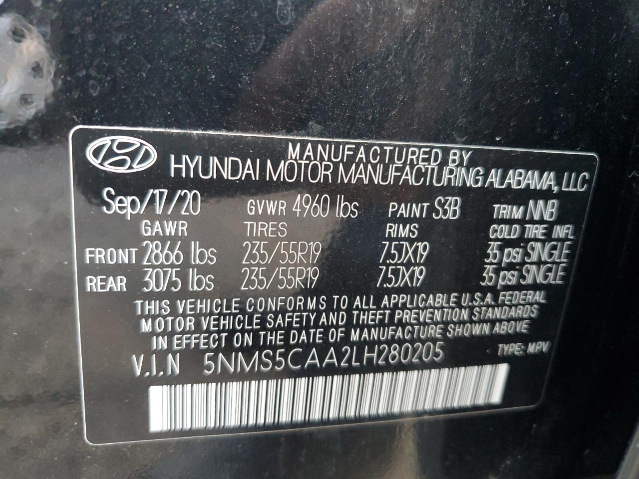 2020 Hyundai Santa Fe Limited VIN: 5NMS5CAA2LH280205 Lot: 61719635