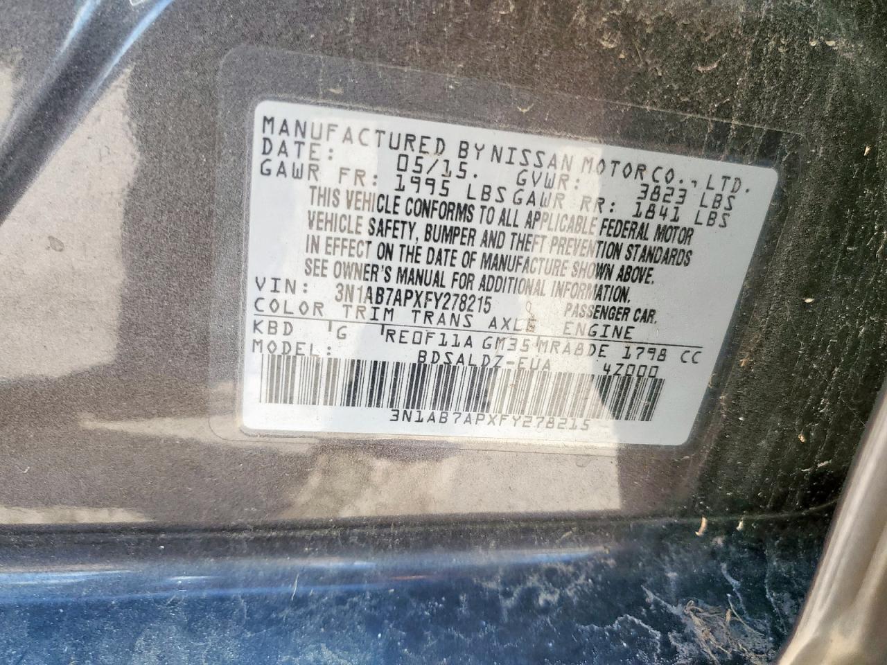 2015 Nissan Sentra S VIN: 3N1AB7APXFY278215 Lot: 62776265