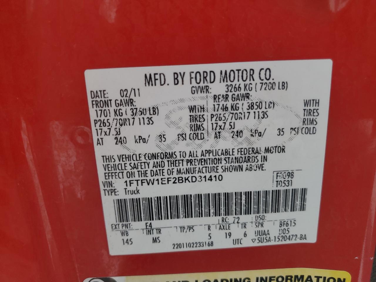 2011 Ford F150 Supercrew VIN: 1FTFW1EF2BKD31410 Lot: 61419455