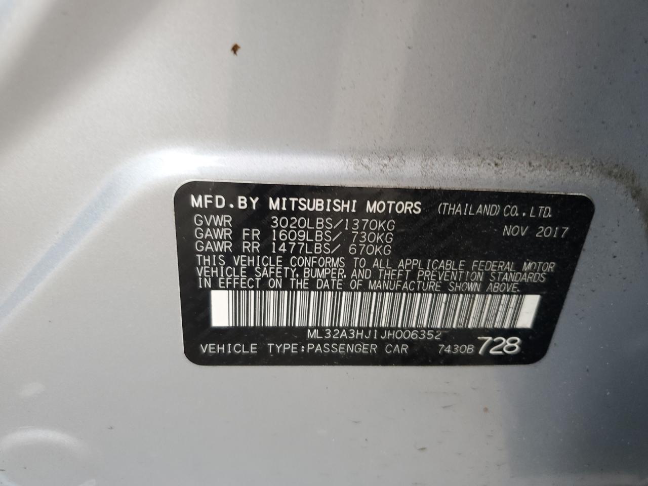 2018 Mitsubishi Mirage Es VIN: ML32A3HJ1JH006352 Lot: 62330335