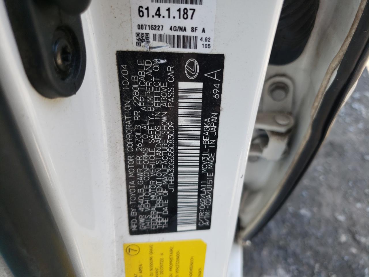 2005 Lexus Es 330 VIN: JTHBA30G655083009 Lot: 59851595