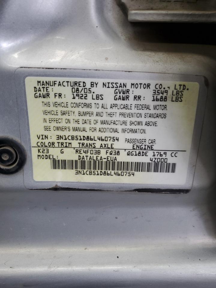 2006 Nissan Sentra 1.8 VIN: 3N1CB51D86L460754 Lot: 61861605