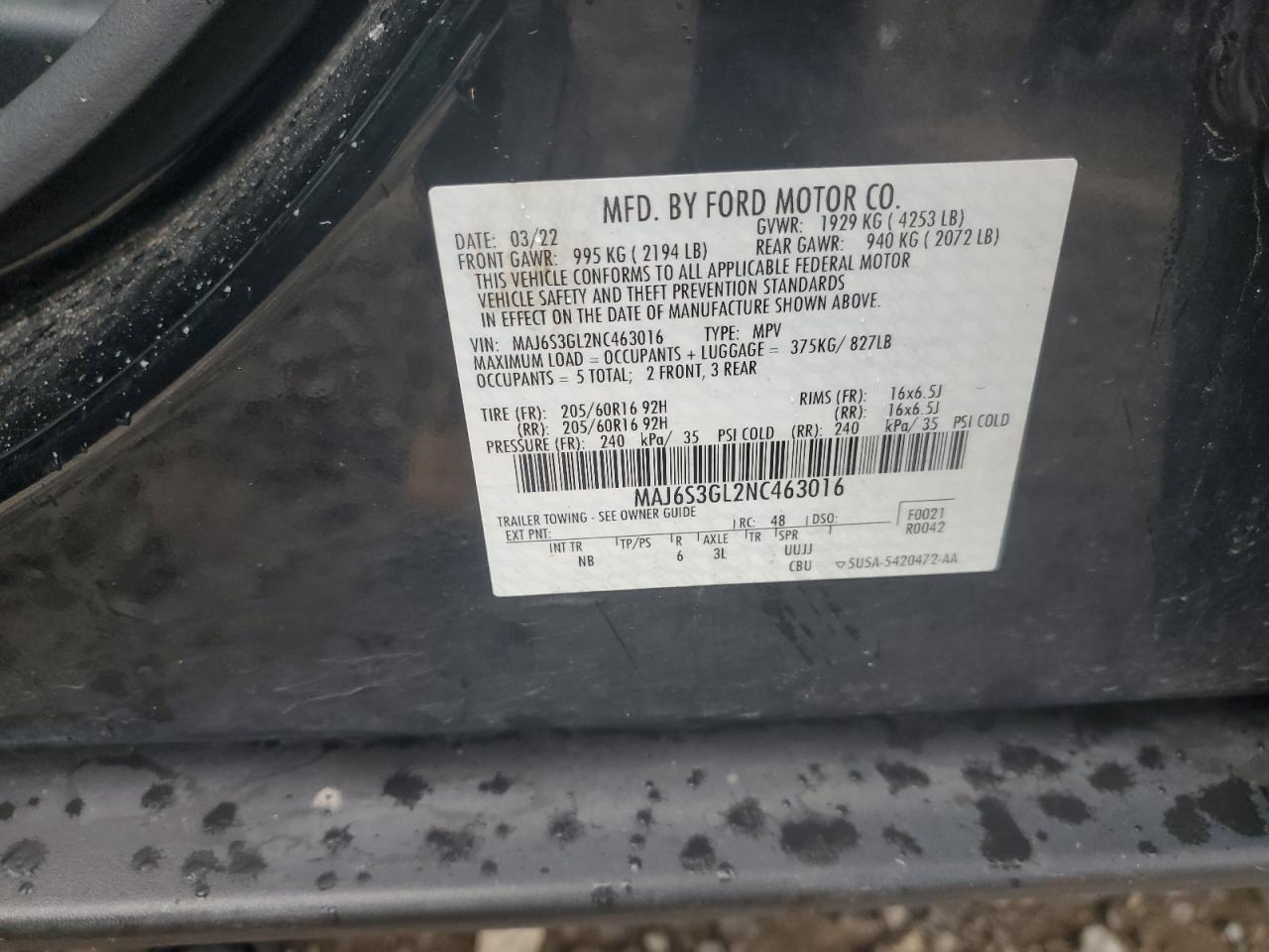 2022 Ford Ecosport Se VIN: MAJ6S3GL2NC463016 Lot: 61960335
