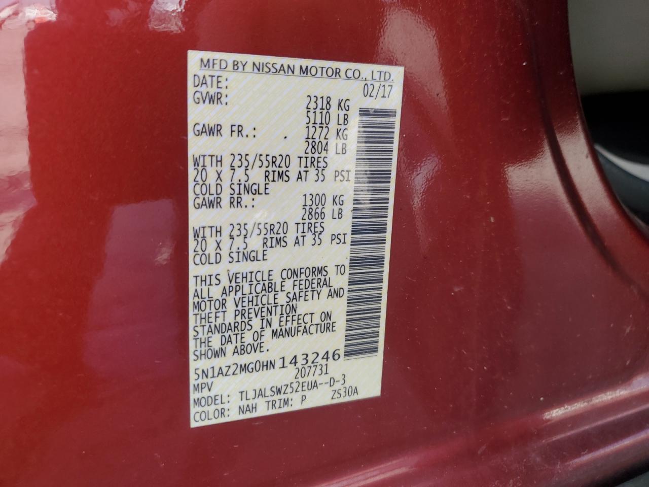 2017 Nissan Murano S VIN: 5N1AZ2MG0HN143246 Lot: 61864695