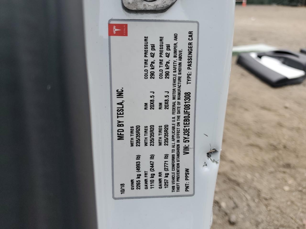 2018 Tesla Model 3 VIN: 5YJ3E1EB0JF081308 Lot: 62540695
