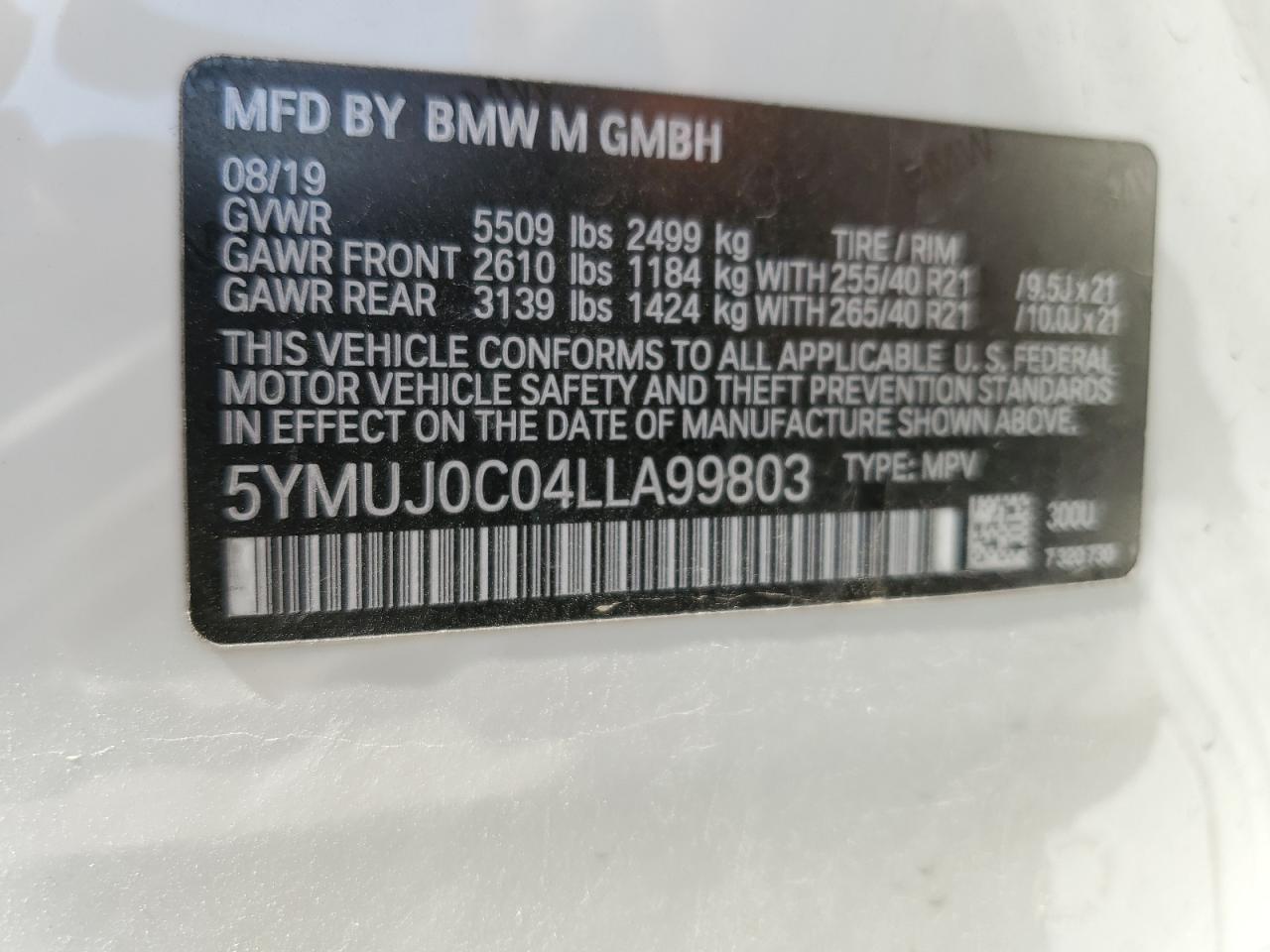 2020 BMW X4 M Competition VIN: 5YMUJ0C04LLA99803 Lot: 60001995